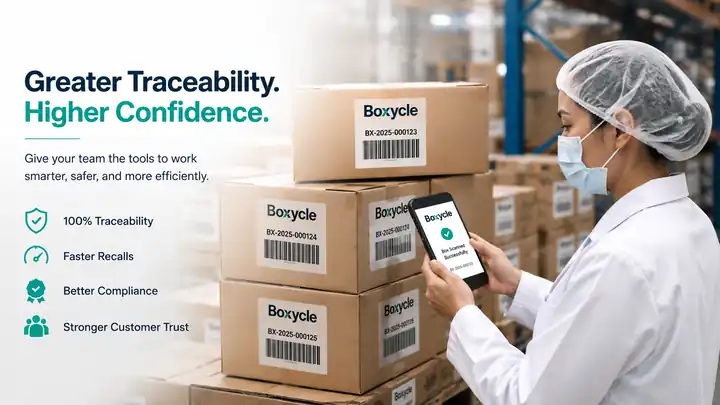 Worker scanning Boxycle labeled boxes with Greater Traceability Higher Confidence message