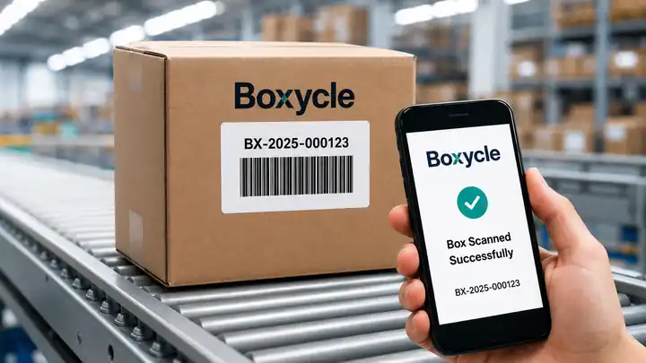 Boxycle labeled box on a conveyor with a successful mobile barcode scan