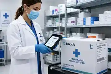 Healthcare worker scanning a pharmaceutical shipment box with Boxycle