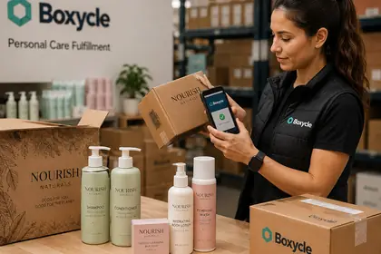 Personal care fulfillment worker scanning a finished goods box with Boxycle