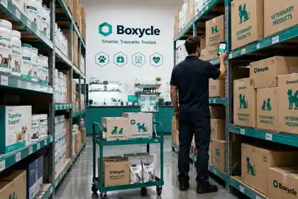 Warehouse worker scanning veterinary product boxes with Boxycle