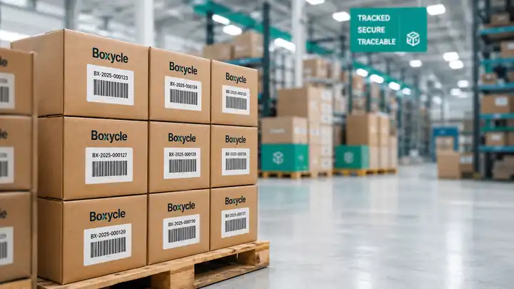 Boxycle tracked boxes arranged on a pallet in a modern warehouse